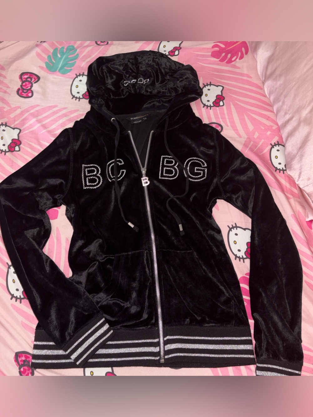 2000s BCBGMaxAzria Black velvet Hooded Zip Jacket with Crystal 'B' Accent